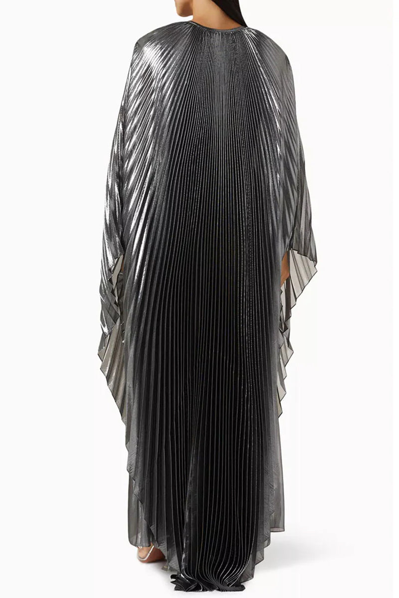 PLEATED SUNRAY KAFTAN WITH HEAD SCARF AND REMOVABLE BELT IN SILVER - CULT MIA