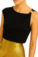 Black SemSem jersey top featuring gold hardware, shown on a model from the front view.