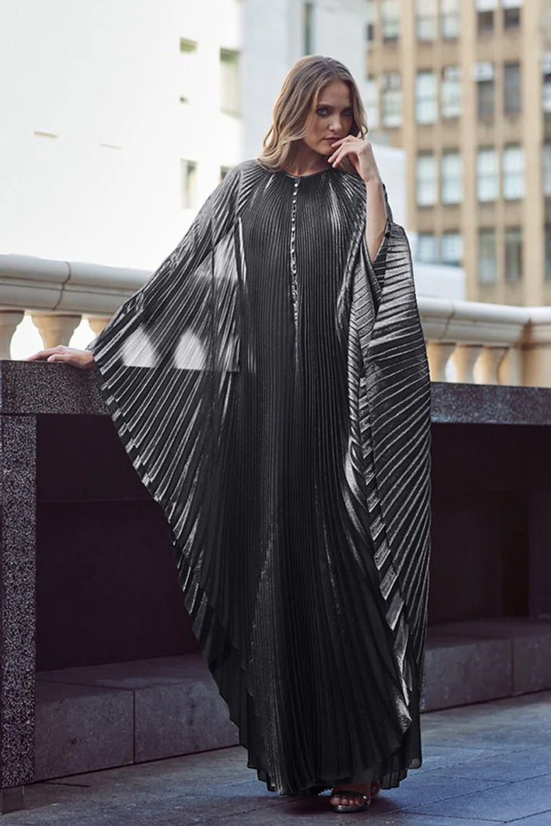 PLEATED SUNRAY KAFTAN WITH HEAD SCARF AND REMOVABLE BELT IN SILVER - CULT MIA