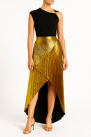 Black SemSem jersey top with gold hardware, featuring a stylish neckline and fitted design, modeled from the front view.