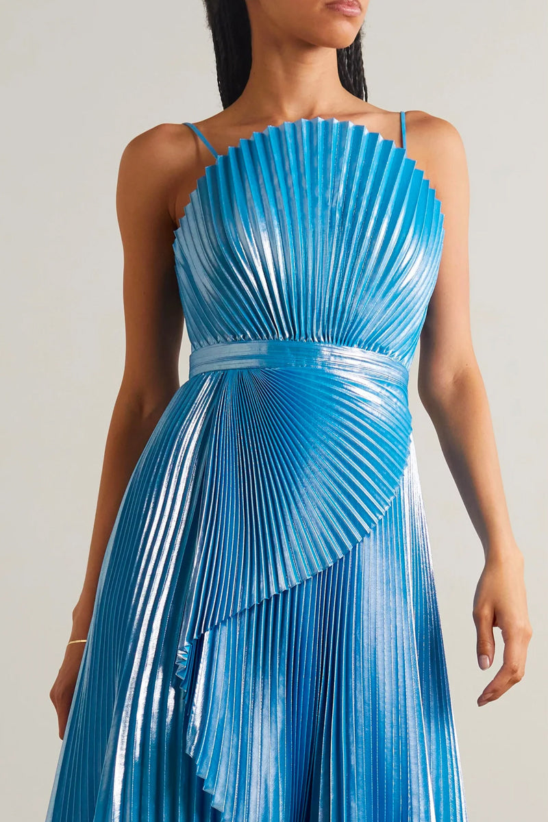 Model wearing SemSem blue Capri draped plissé lamé maxi gown, front view showcasing elegant pleated fabric and flowing silhouette.