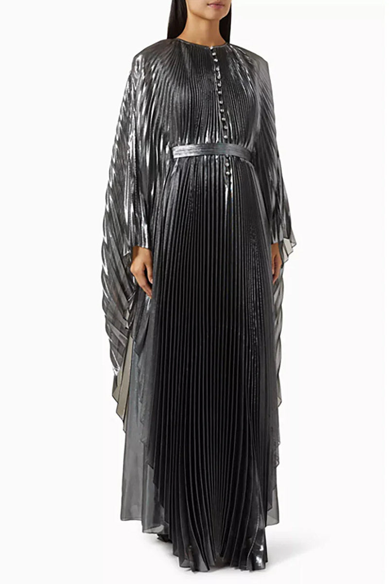 PLEATED SUNRAY KAFTAN WITH HEAD SCARF AND REMOVABLE BELT IN SILVER - CULT MIA