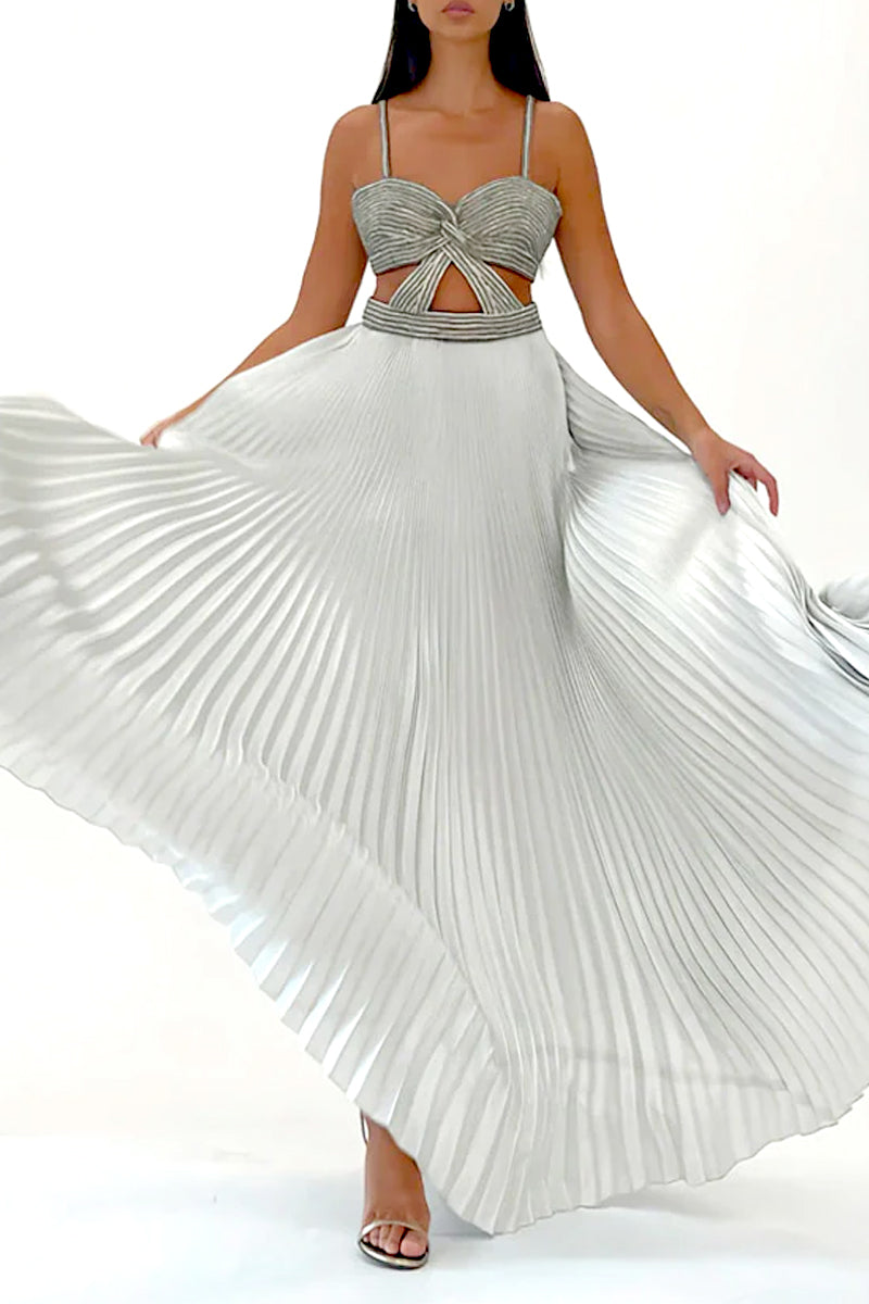 PLEATED SILK METALLIC MAXI SKIRT IN WHITE AND SILVER - CULT MIA