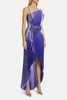 Model wearing a purple draped silk-blend plissé lamé maxi gown by SemSem, showing the elegant front design and flowing fabric.
