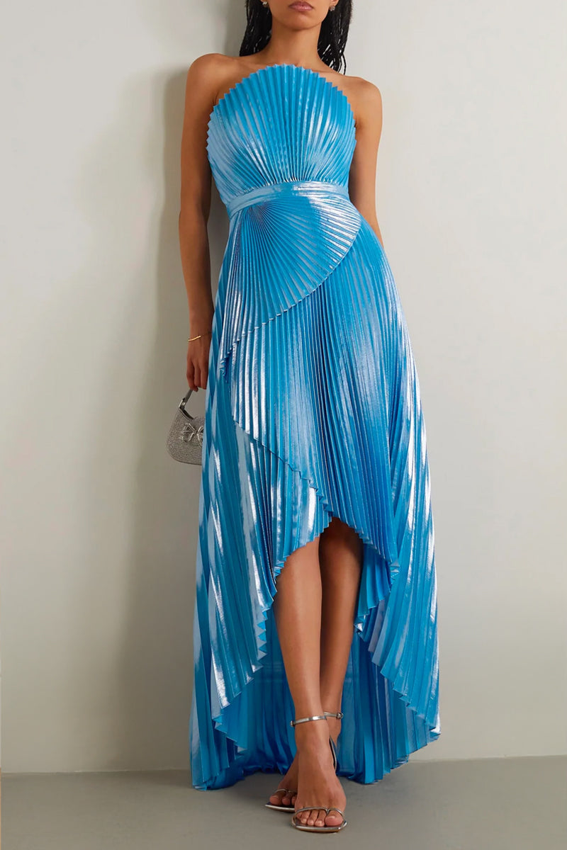 Model wearing SemSem blue capri draped plissé lamé gown, front view showcasing elegant maxi dress with shimmering fabric.