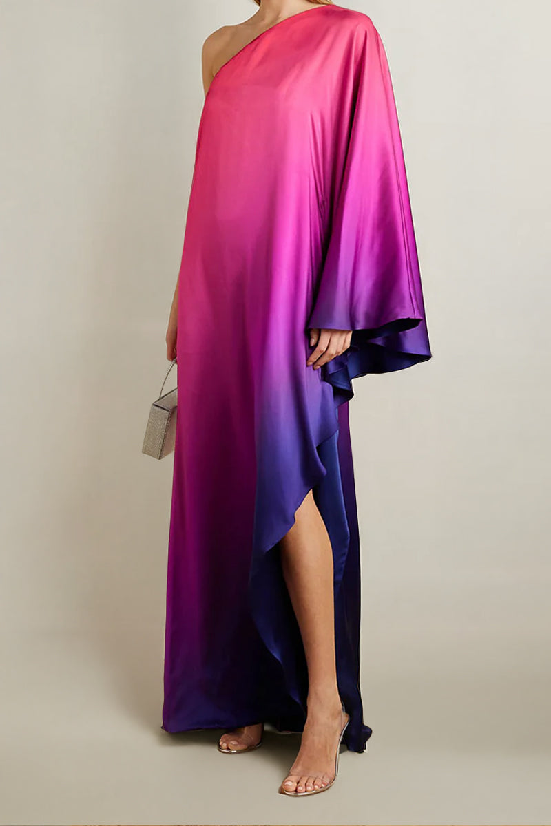 ONE-SHOULDER OMBRÉ SILK-CHARMEUSE KAFTAN IN OMBRE - CULT MIA
