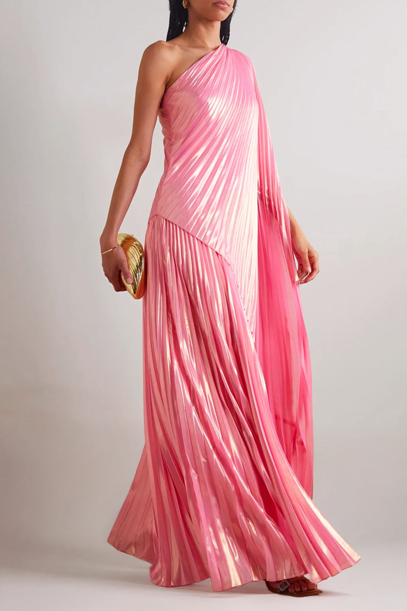 ONE-SHOULDER DRAPED PLISSÉ-LAMÉ MAXI DRESS IN PINK METALLIC | CULT MIA ONE-SHOULDER DRAPED PLISSÉ-LAMÉ MAXI DRESS IN PINK METALLIC | CULT MIA