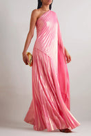 Model wearing a pink metallic one-shoulder draped plissé lamé maxi dress by SemSem, showcasing the elegant front design.