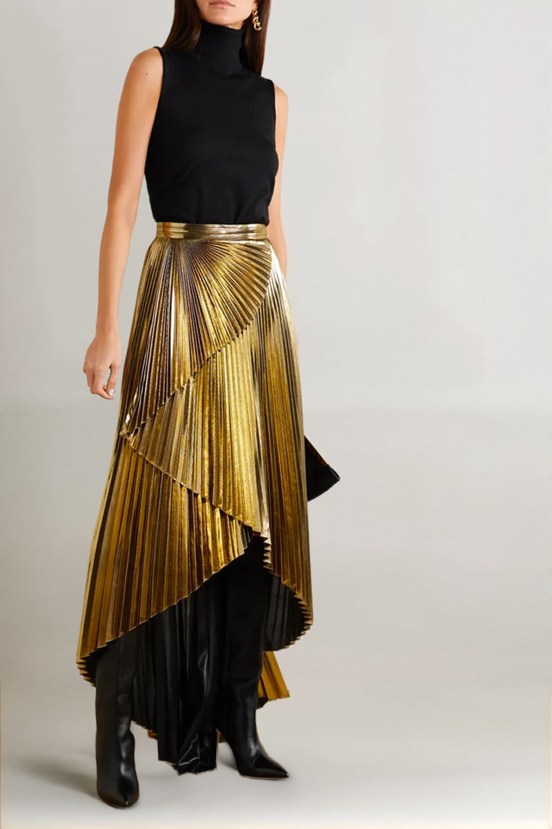 PLEATED METALLIC GOLD SKIRT IN GOLD - CULT MIA