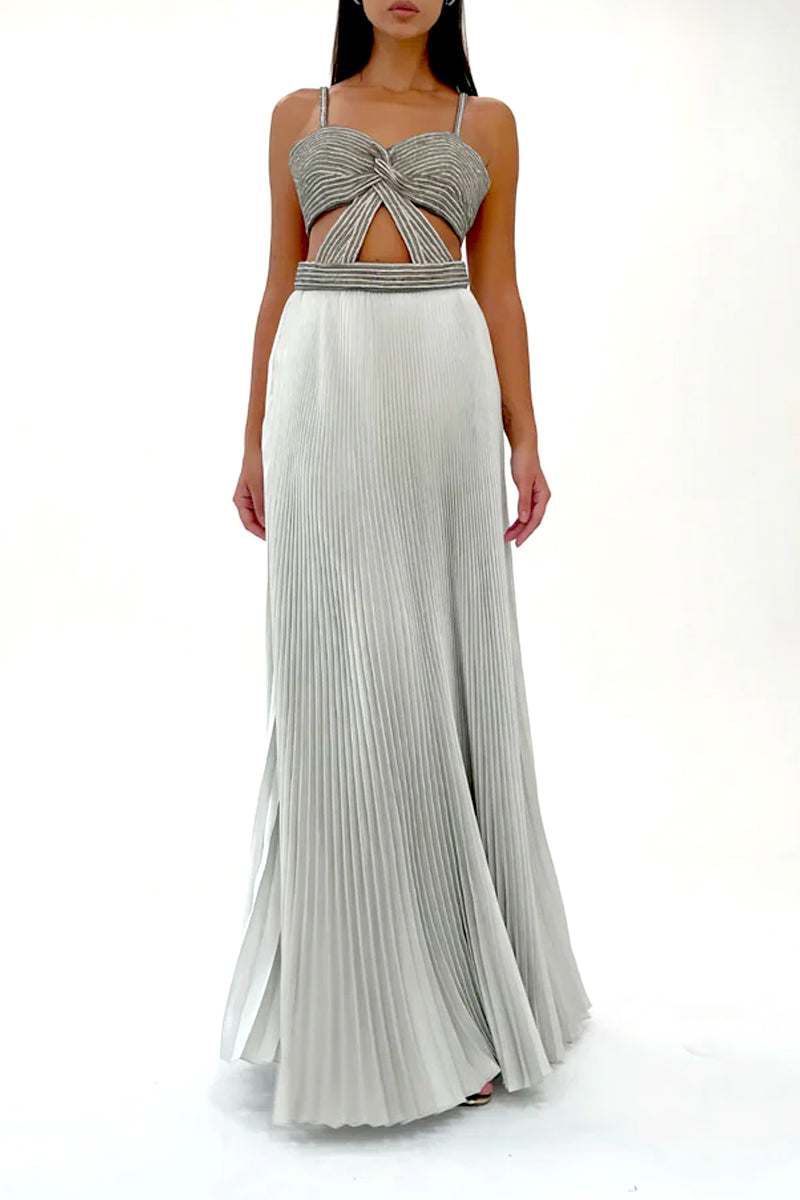 PLEATED SILK METALLIC MAXI SKIRT IN WHITE AND SILVER - CULT MIA
