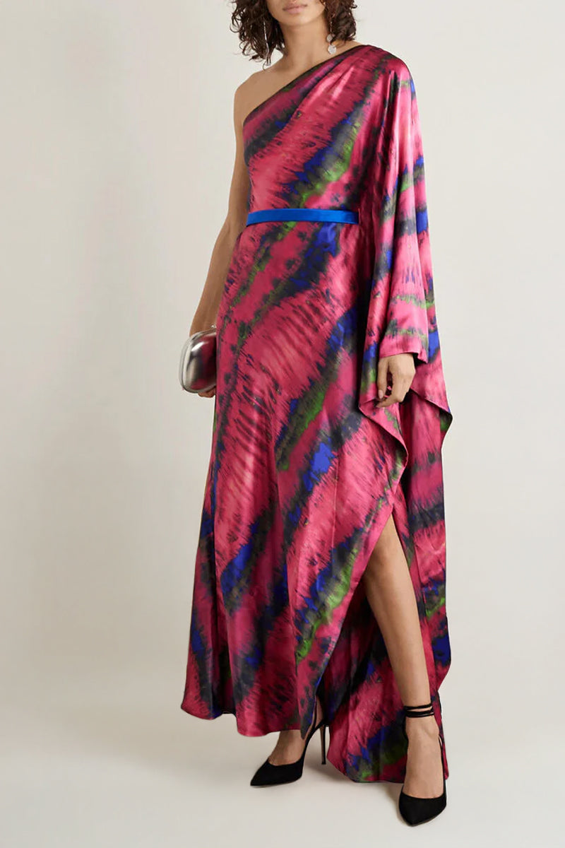ONE SHOULDER DRAPED TIE-DYED SILK-SATIN MAXI DRESS IN PINK - CULT MIA
