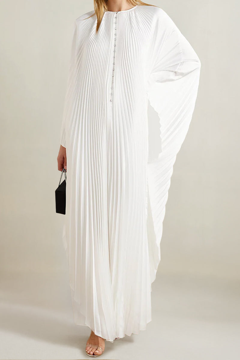 White crystal-embellished plissé satin maxi dress by SemSem, shown from the front on a model.