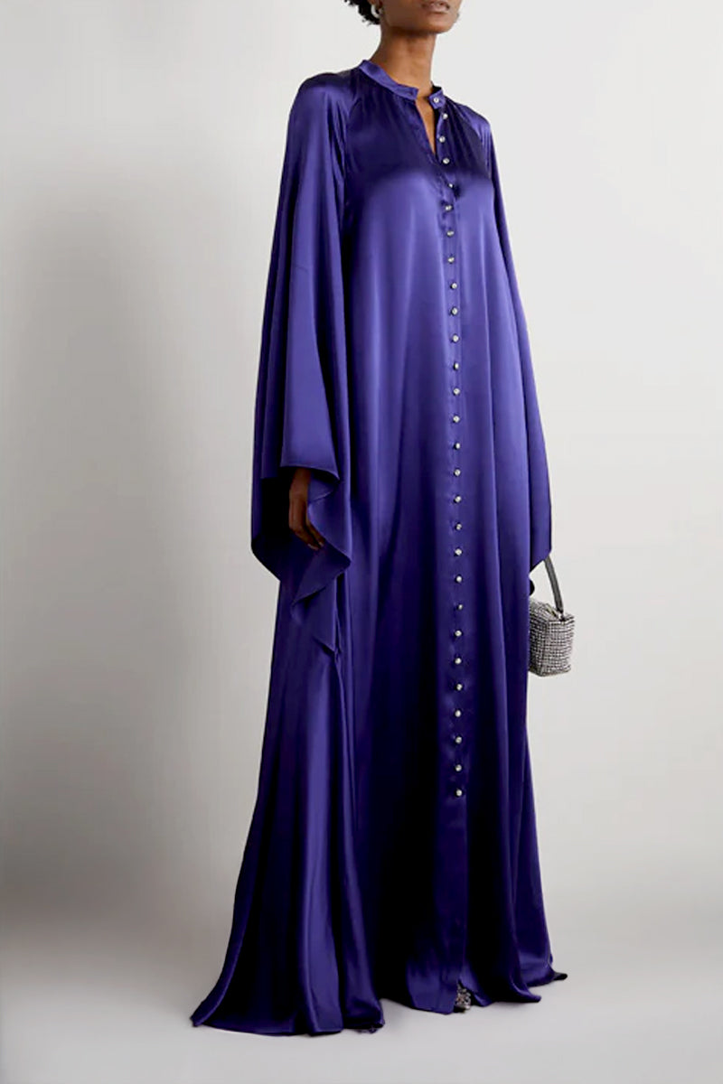 EMBELLISHED SILK-SATIN KAFTAN IN INDIGO - CULT MIA