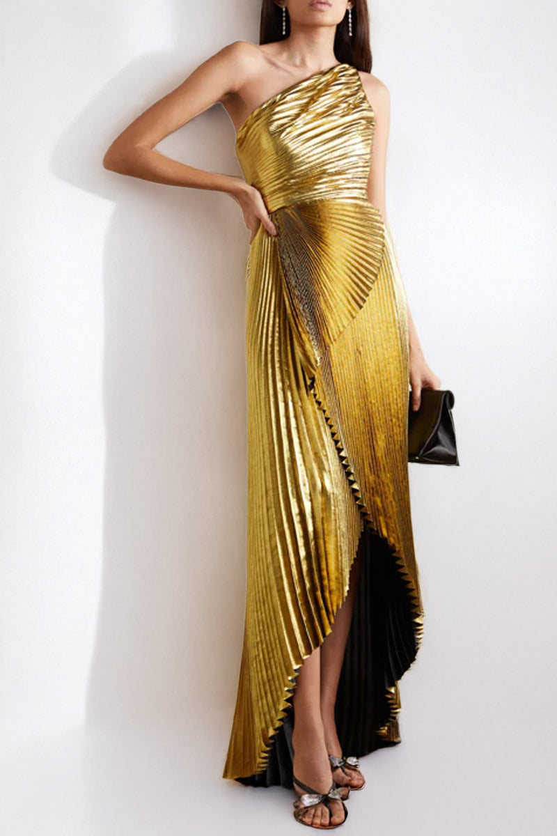 GOLD PLISSÉ ONE SHOULDER DRESS IN GOLD - CULT MIA