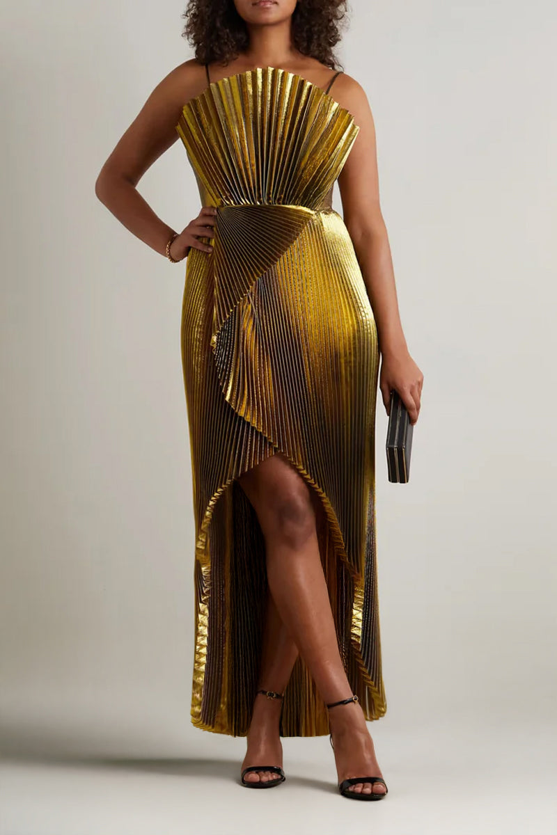 DRAPED SILK-BLEND PLISSÉ-LAMÉ GOWN IN GOLD - CULT MIA