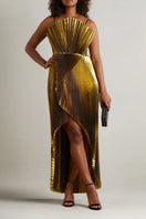Model wearing SemSem gold draped silk-blend plissé lamé maxi gown, showcasing elegant front view and flowing fabric details.