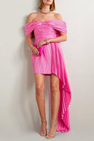 Model wearing SemSem pink asymmetrical plissé silk-charmeuse mini dress, featuring a stylish neckline and flowing fabric.