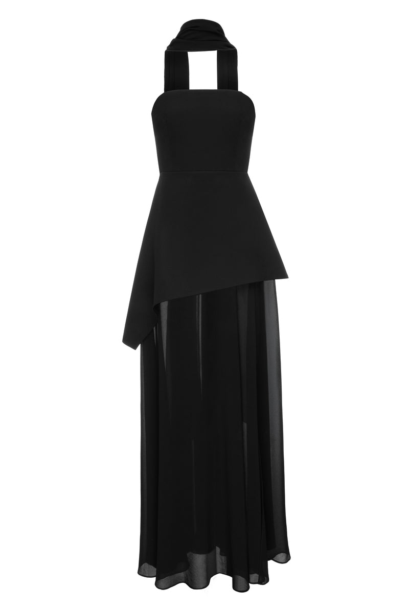 Elegant black gown with matching scarf from MATTERS, featuring a sleek design and stylish details, perfect for formal occasions.