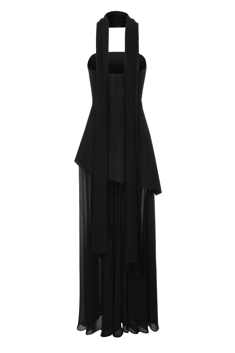 Matters Monaco black dress with matching scarf, elegant gown featuring a sleek silhouette and stylish accessories.