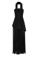 Matters Monaco black dress with matching scarf, elegant gown featuring a sleek silhouette and stylish accessories.