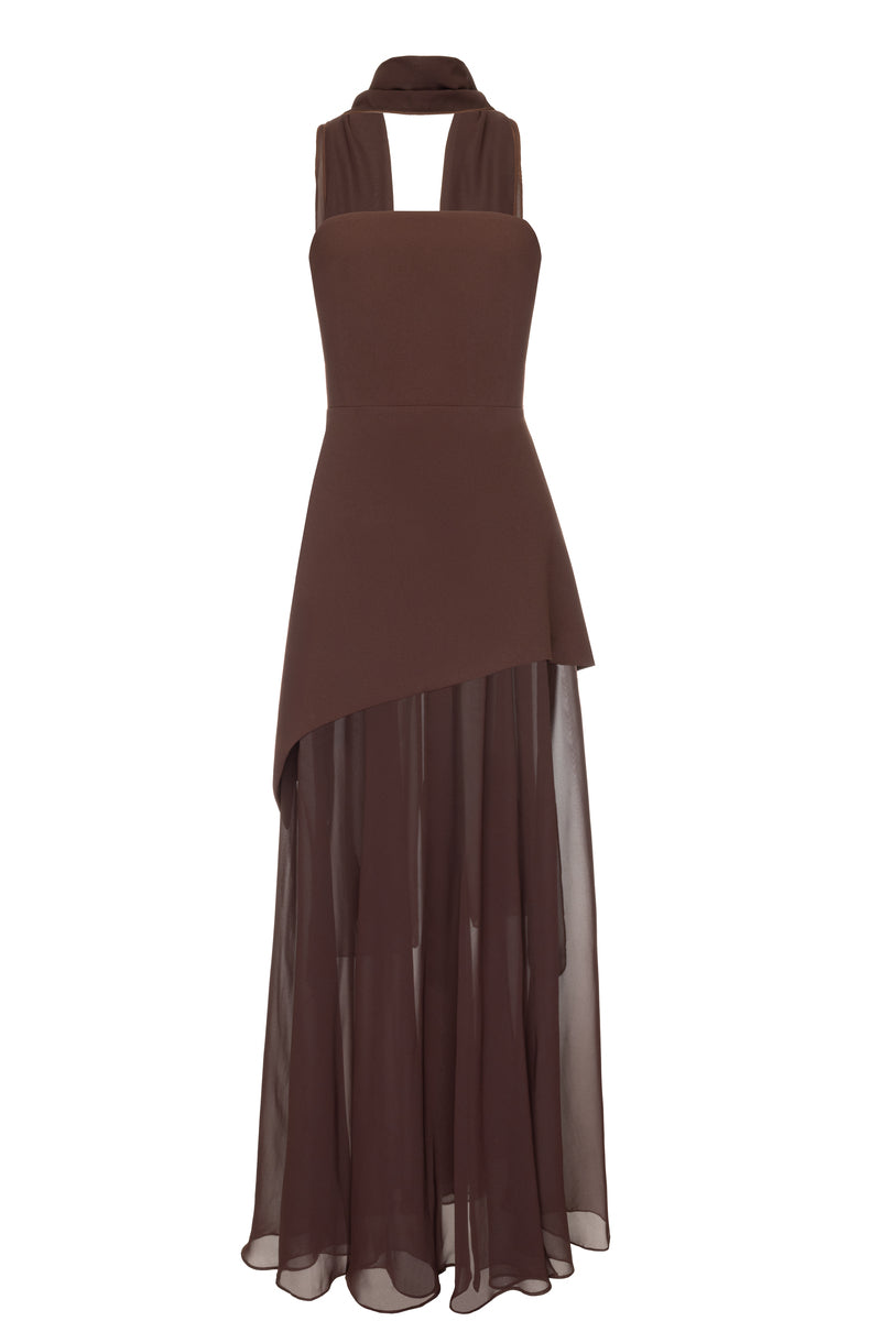Matters Monaco brown gown with matching scarf, elegant long dress featuring a sophisticated design and stylish accessories.