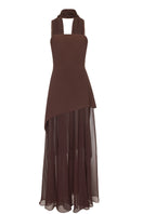 Matters Monaco brown gown with matching scarf, elegant long dress featuring a sophisticated design and stylish accessories.