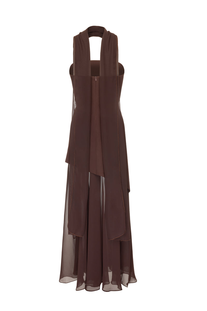 Matters Monaco Brown gown with matching scarf, elegant dress featuring a flowing design and sophisticated style.