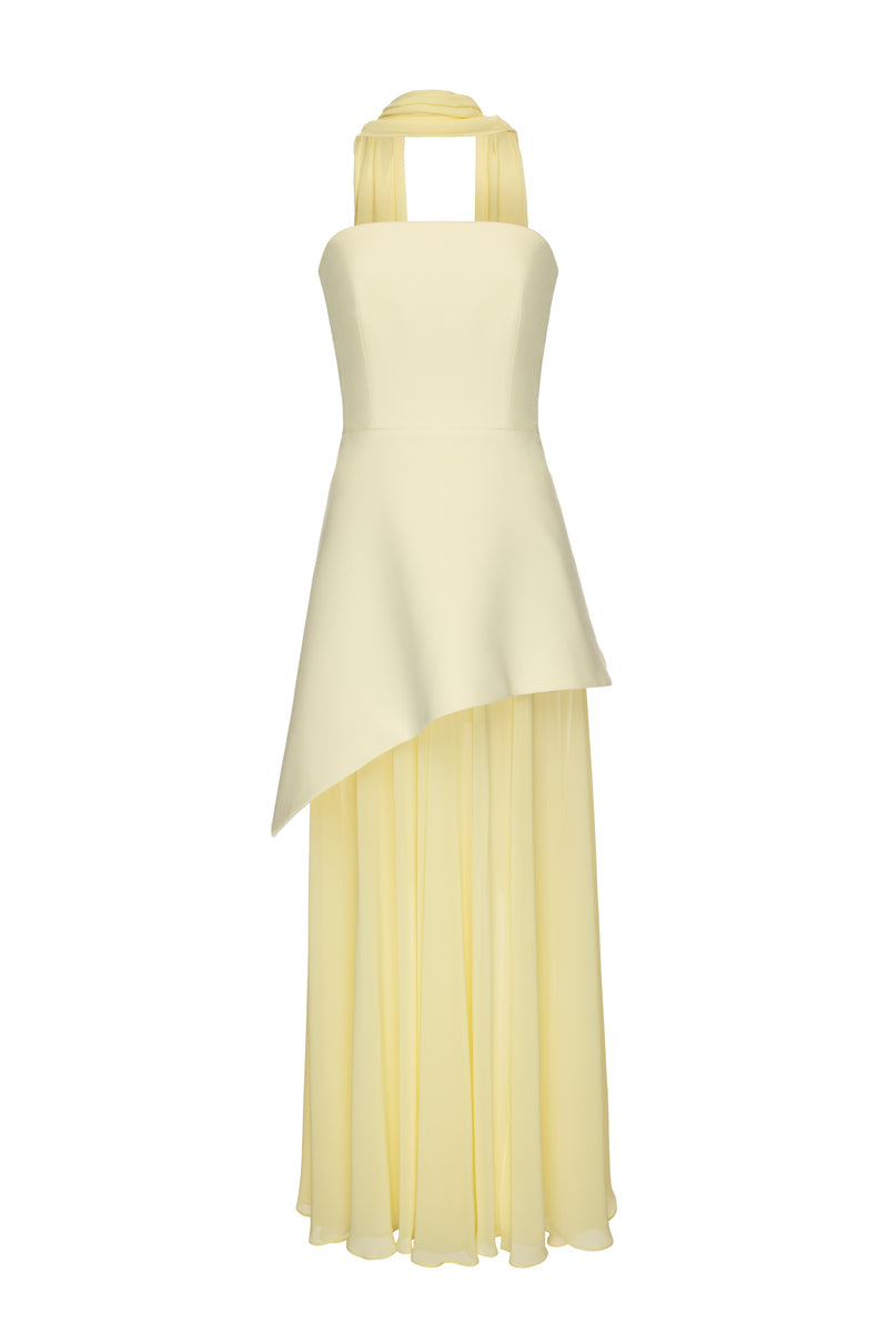 Matters Monaco butter yellow gown with matching scarf, elegant dress featuring flowing fabric and stylish design.