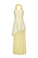 Matters Monaco butter yellow gown with matching scarf, elegant dress featuring flowing fabric and stylish design.