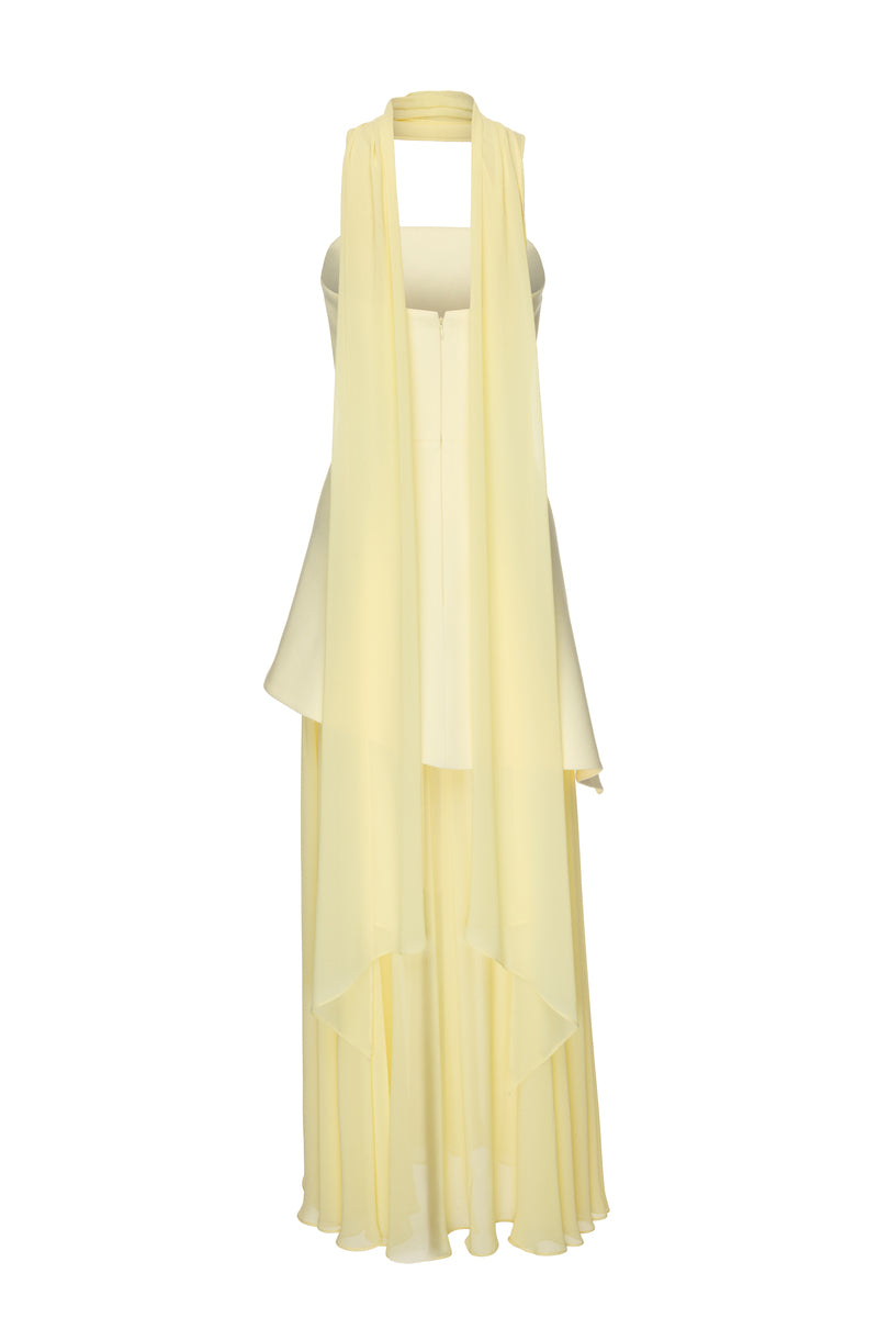 Matters Monaco butter yellow gown with matching scarf, elegant floor-length dress featuring a flowing silhouette and stylish details.