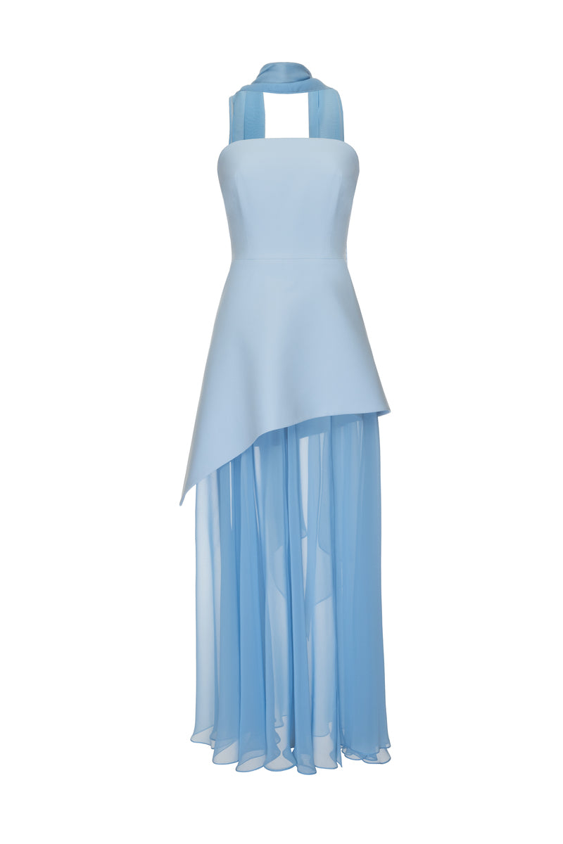 Sky blue gown with matching scarf by MATTERS, featuring elegant design and flowing fabric, perfect for formal occasions.