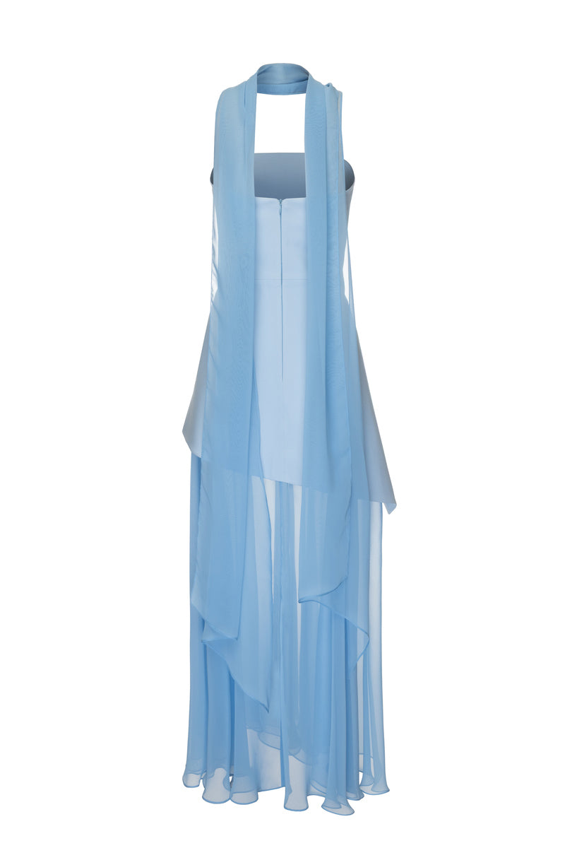 Sky blue gown by Matters featuring a matching scarf, elegant long dress with flowing fabric, perfect for formal occasions.