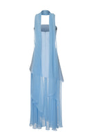Sky blue gown by Matters featuring a matching scarf, elegant long dress with flowing fabric, perfect for formal occasions.