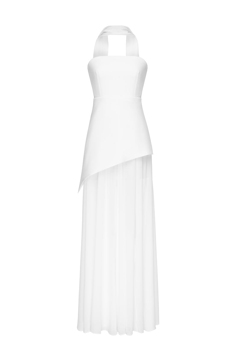 Elegant white gown by Matters featuring a matching scarf, displayed on a mannequin for sophisticated evening wear.