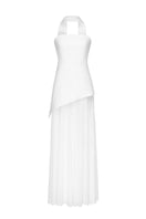 Elegant white gown by Matters featuring a matching scarf, displayed on a mannequin for sophisticated evening wear.