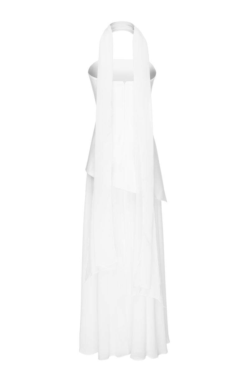 Elegant white gown with matching scarf from MATTERS, featuring a flowing design and sophisticated style.