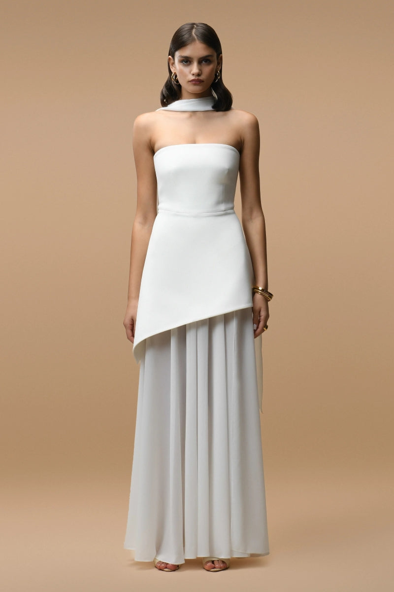 Matters Monaco white gown with matching scarf, front view showing elegant design and flowing fabric.