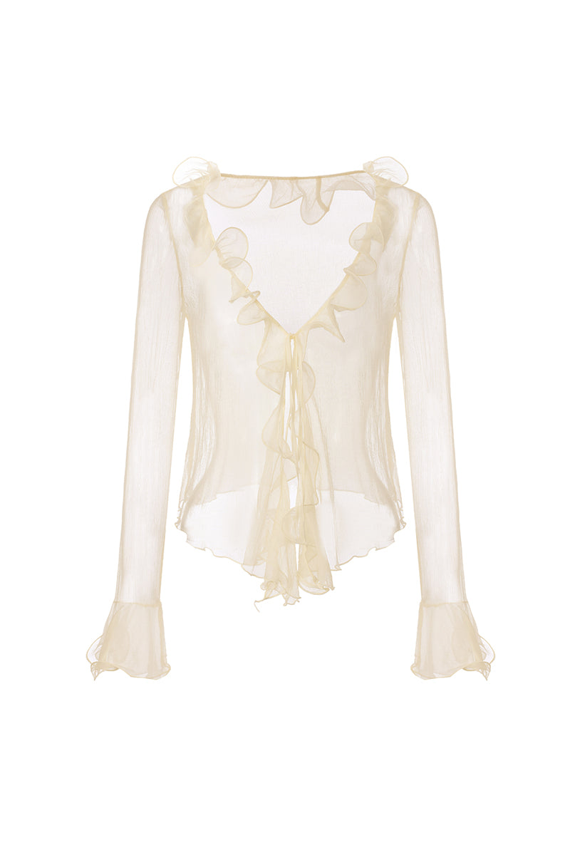 Nana Jacqueline Monroe ivory ruffle blouse with front view, showcasing elegant design and soft fabric.