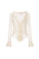 Nana Jacqueline Monroe top in ivory, ruffle blouse with champagne-colored fabric, front view highlighting elegant design and soft texture.