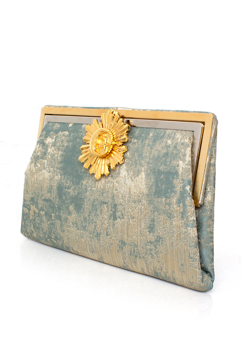 Multicolored Sarah's Bag Moon Rays on Lagoon Grace clutch with intricate design, perfect for elegant evening accessories.