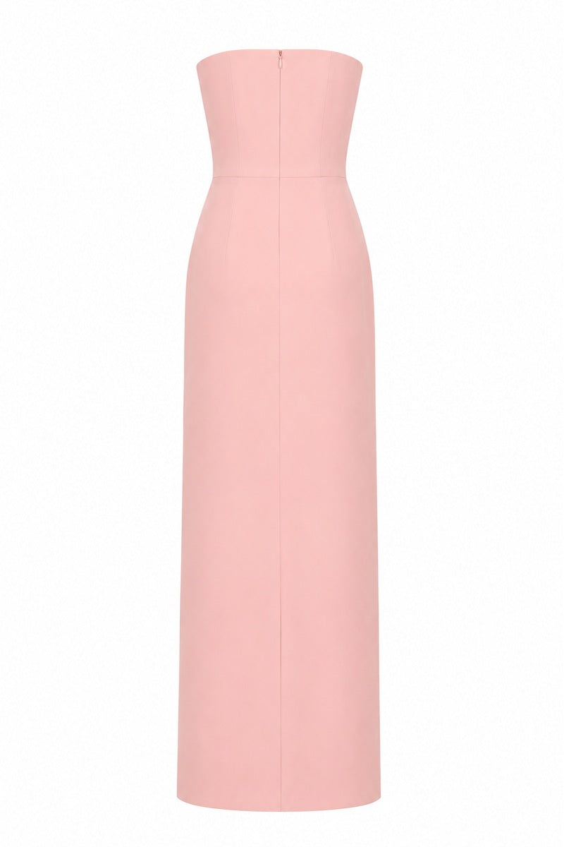 Light pink Moona dress by Nihan Peker, elegant gown with flowing fabric and delicate design, suitable for formal occasions.
