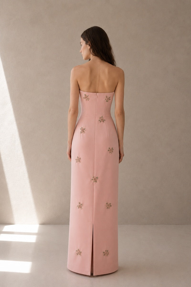 Light pink Moona Dress gown by Nihan Peker featuring elegant fabric and flowing design, perfect for special occasions.