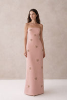 Light pink Moona Dress gown by Nihan Peker with flowing fabric and elegant design, perfect for formal occasions.