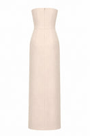 Nihan Peker Moona Dress in vanilla, elegant gown with flowing fabric and subtle design details, perfect for formal occasions.