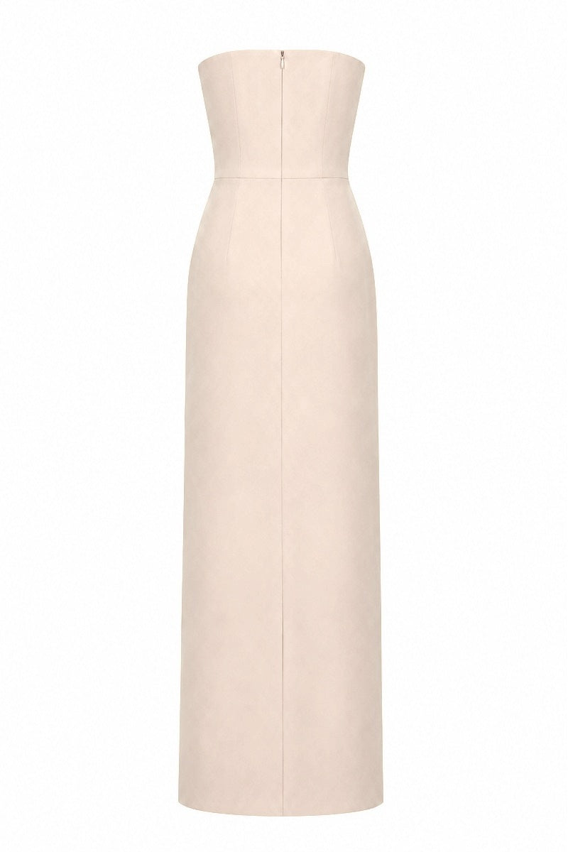 Nihan Peker Moona Dress in vanilla, elegant gown with flowing fabric and subtle design details, perfect for formal occasions.