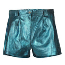 Double A Moonbow leather shorts in washed turquoise with a relaxed fit and distressed details, styled for casual wear.