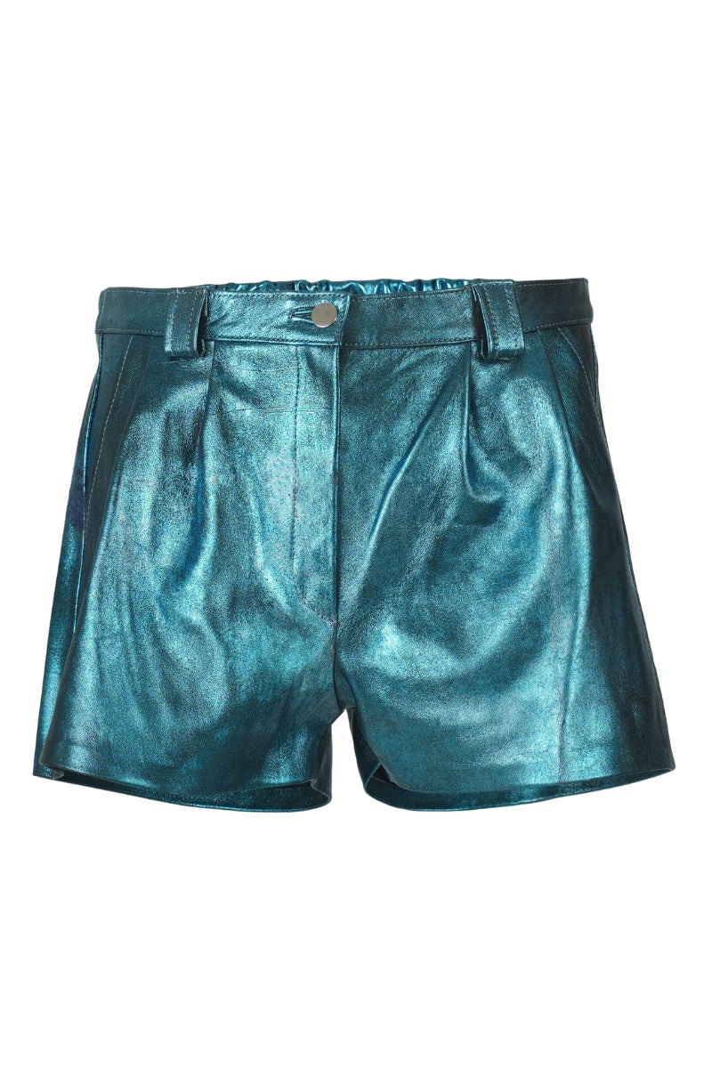 Double A Moonbow leather shorts in washed turquoise with a relaxed fit and distressed details, styled for casual wear.