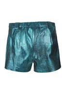 Double A Moonbow leather shorts in washed turquoise, showing the textured fabric and stylish fit.