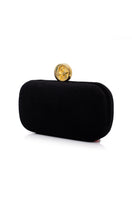 Sarah's Bag black velvet clutch with moon design, elegant box clutch for evening or special occasions.