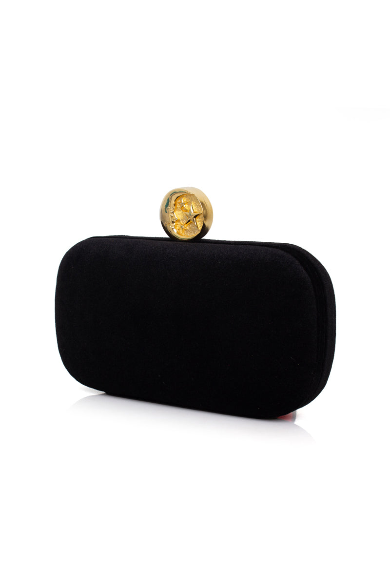 Sarah's Bag black velvet clutch with moon design, elegant box clutch for evening or special occasions.